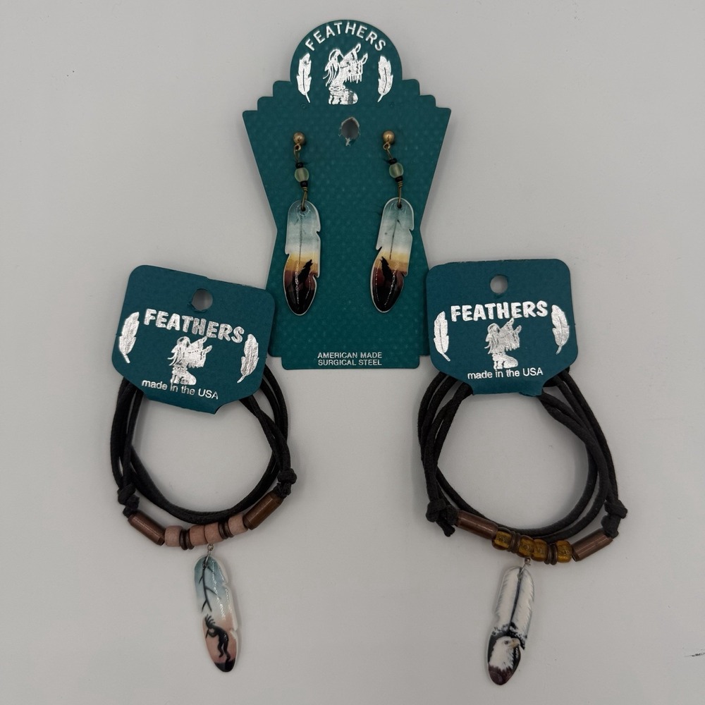 Feathers Porcelain Jewelry Set Handmade USA Southwestern Boho Bracelet Earrings